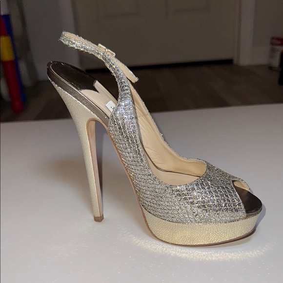 Jimmy Choo Glitter Fabric Champagne Peep Toe Sling Back Heel Size 37 Authentic - Picture 8 of 16